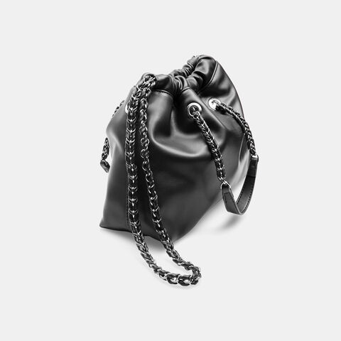 Bolso saco con cordón de ajuste efecto piel, Negro Opaco Bolso saco con cordón de ajuste efecto piel, Negro Opaco